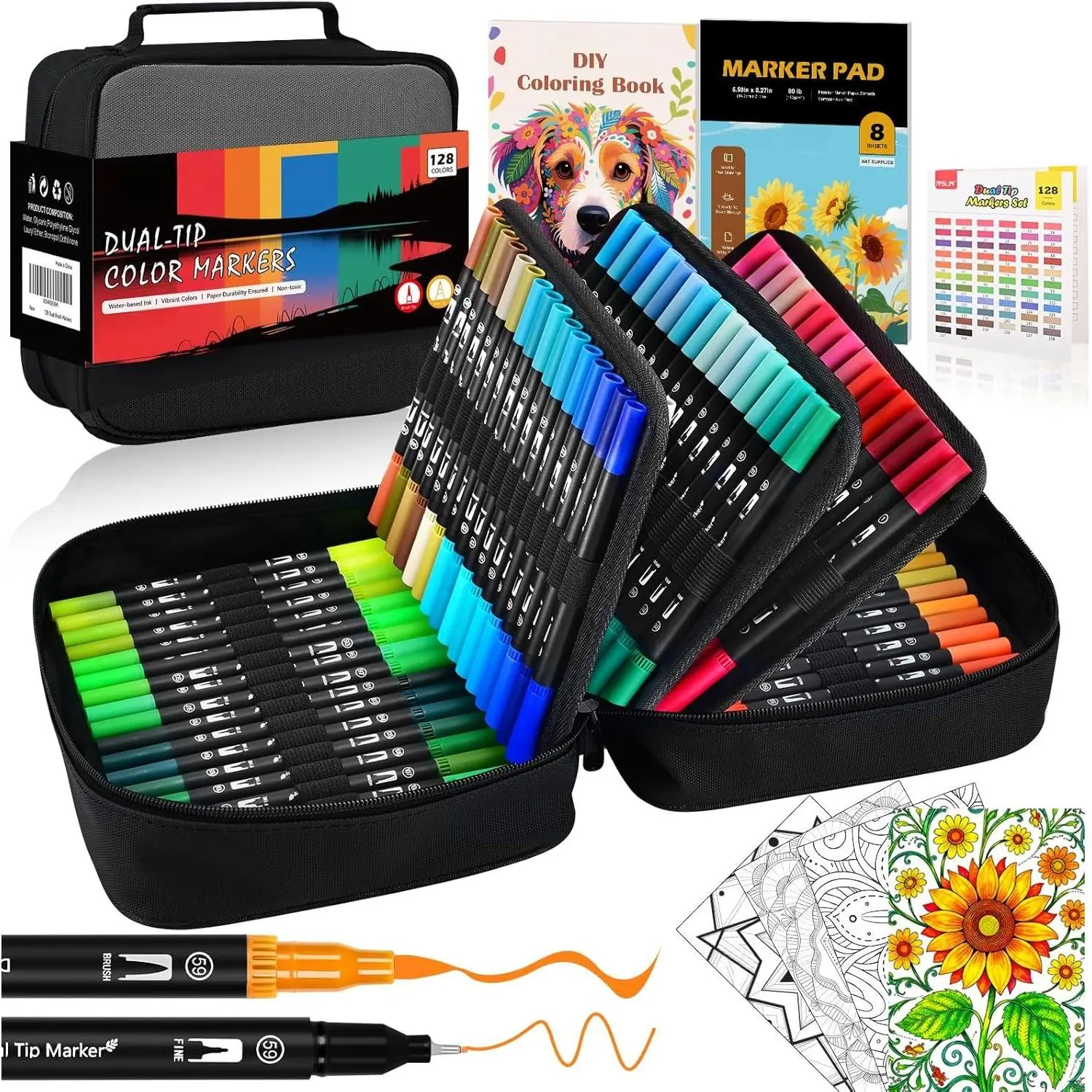 128 Colors  Tip Watercolor Markers Pens with Bag-Brush & Fine | Art Markers Set for Adult Coloring Book, Journaling, Drawing, Note Taking, Planner, Lettering, Calligraphy, Art Supplies Kit