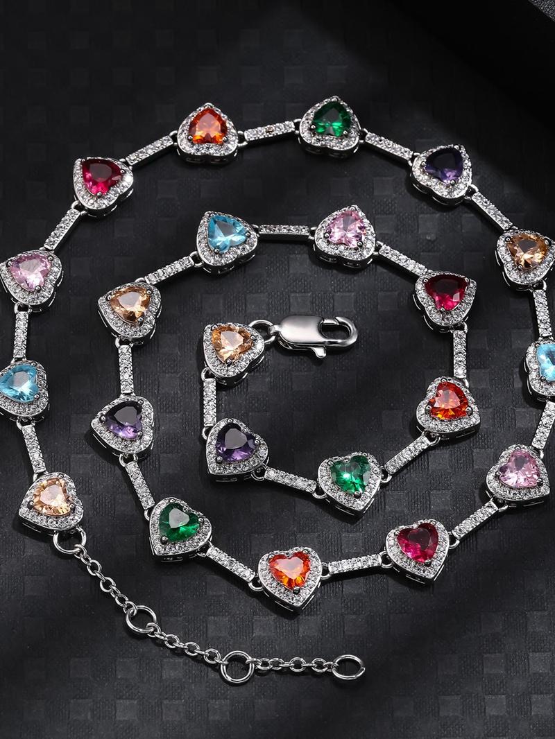 Colorful Heart Shaped Imitation Crystal Decor Statement Necklace, Elegant Luxurious Gift for Mom & Girlfriend, Fashion Jewelry Accessories for Women