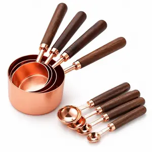 8-Piece Rose Gold Stainless Steel Measuring Cups and Spoons Set, Wooden Handle Kitchen Baking Tools, Clear Scales for Flour, Sugar, Coffee, Spice, Liquid Measurement