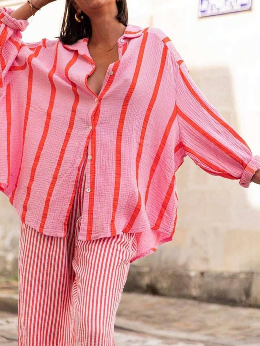 2026 European and American autumn and winter new long-sleeved button-up cardigan women's striped shirt women's vintage striped