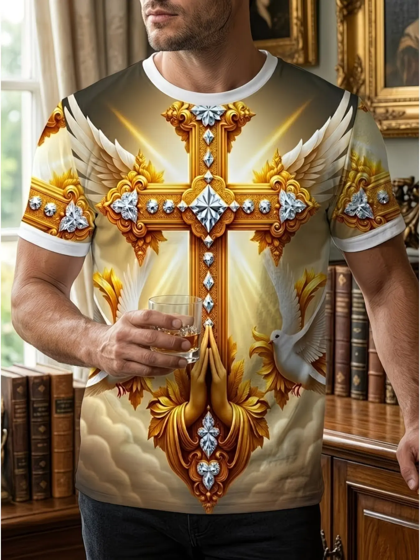 Elegant Cross Dove Men's T-Shirt, Religious Art Print T-Shirt, Casual Fitted Long Sleeve, Plain Surface, No Collar, Without Button, Top