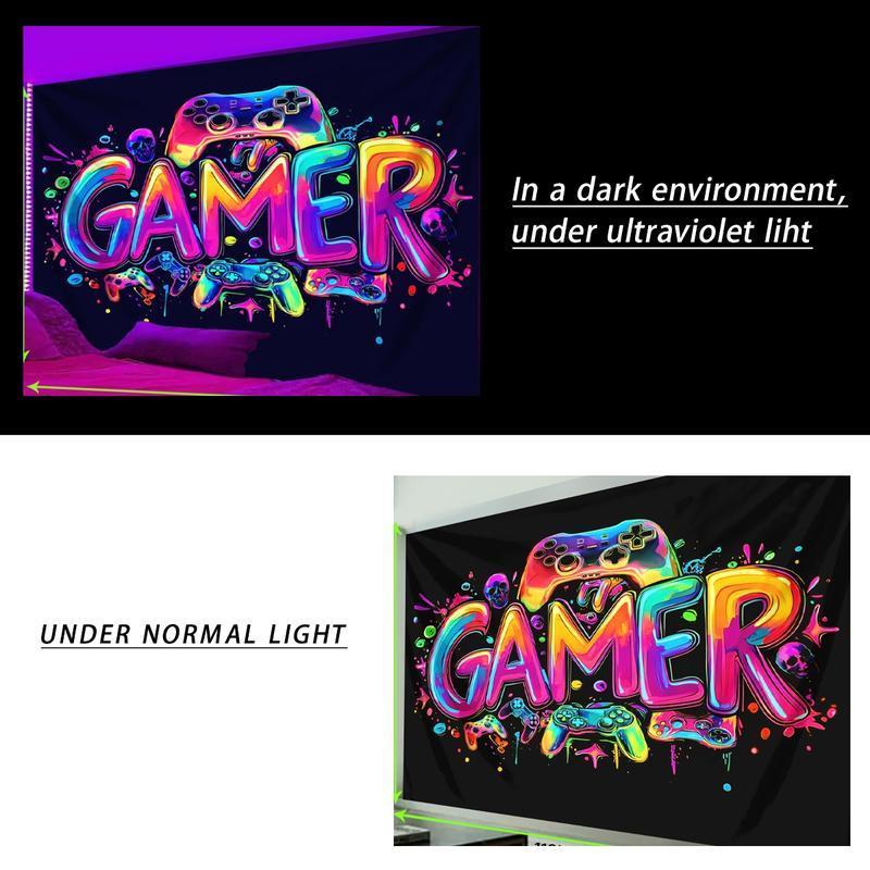 Game Controller Pattern Tapestry, UV Reactive Black Light Tapestry, Game Controller Neon Light Effect Wall Hanging, Bedroom Aesthetic Art Decoration Wall Tapestries