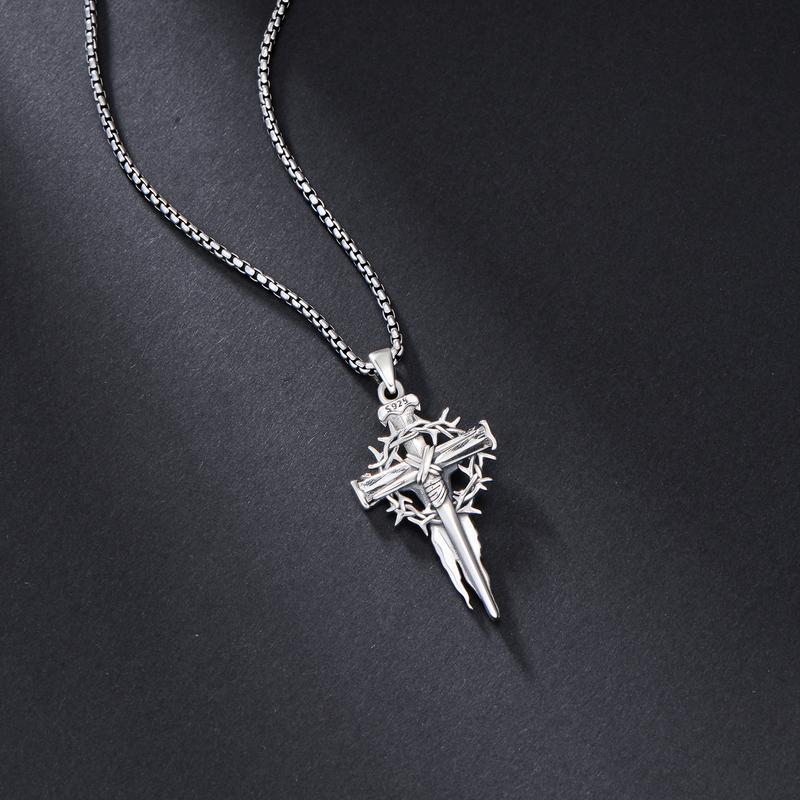 MEIDERBO Jewelry Thorn Cross Jesus Necklace 925 Sterling Silver Cross Pendant Christian Jewelry Men's Gift Fall Fashion Fall Gifts 22+2 Inch