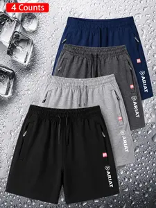 4-Pack Men's Sporty Shorts, Ideal for Gym, Running, Hiking, Daily Wear, Ariat Letter Print, Breathable, Quick-Dry, Zip Pockets