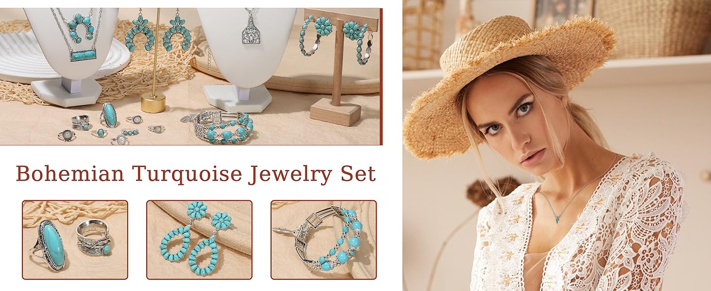 17Pcs Western Turquoise Jewelry Set Boho Layered Necklaces, Dangle Earrings, Stretch Bracelet & Knuckle Rings | Vintage Southwestern Aesthetic | Lucky Gift for Women
