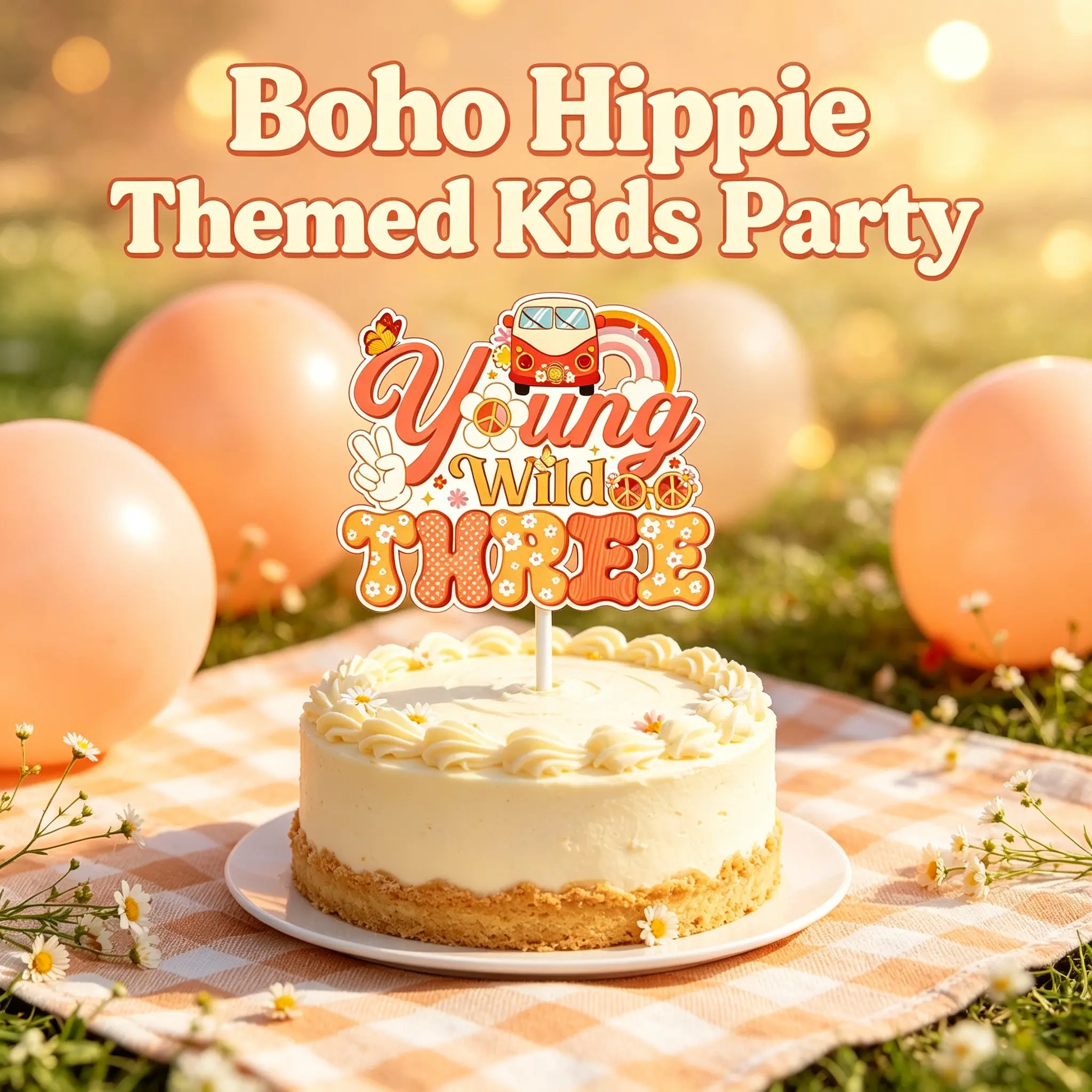 Colorful Bohemian style! 🍊 "Young Wild & THREE" birthday decor topper featuring flowers, rainbows, and a retro mini-bus. Pair it with matching balloons and tableware to easily build a magical third birthday party! 🌈🧸