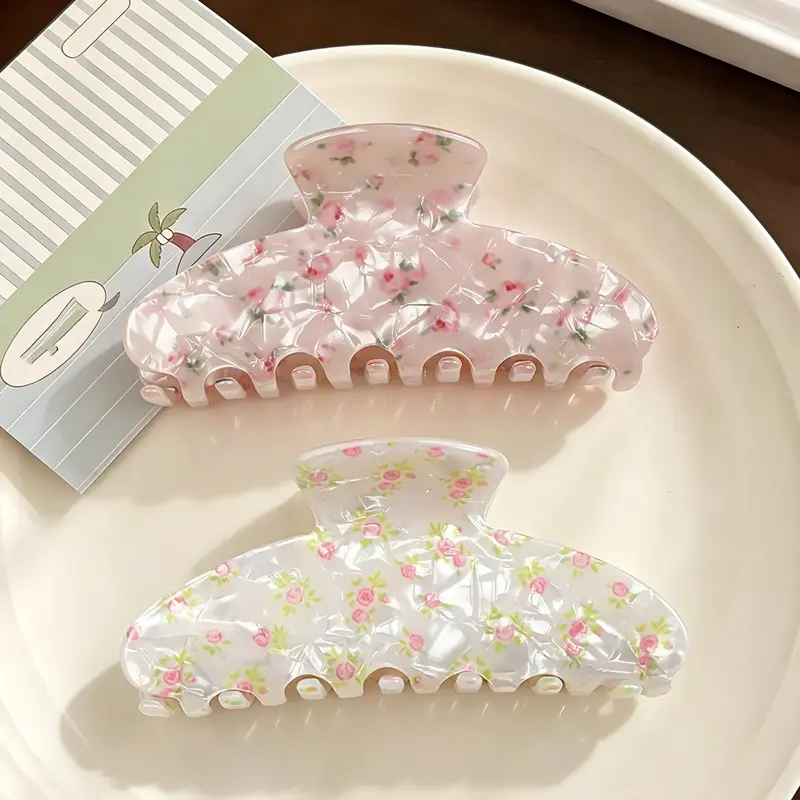 2pcs Summer Sweet Floral Hair Claw Clips, Flower Claw Clips, Simple Fresh Back-Of-Head Updo Shark Clip Hair Accessories, Decorative Hair Clips, High-Quality Versatile Hair Decor