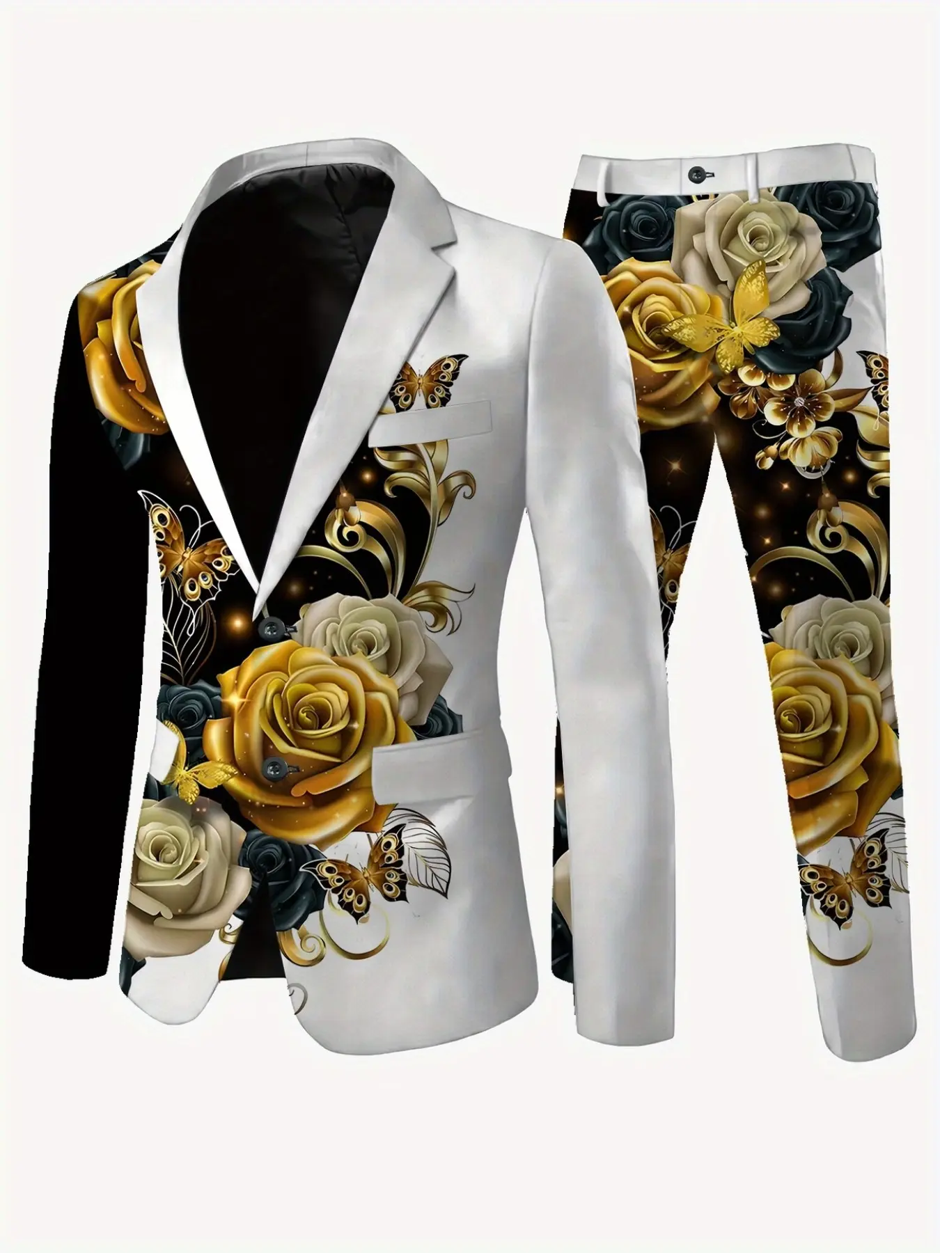Men's 2-Piece Blazer Set, Base Gold Rose Butterfly Print, Long Sleeve Slim Fit, Casual Party Wedding