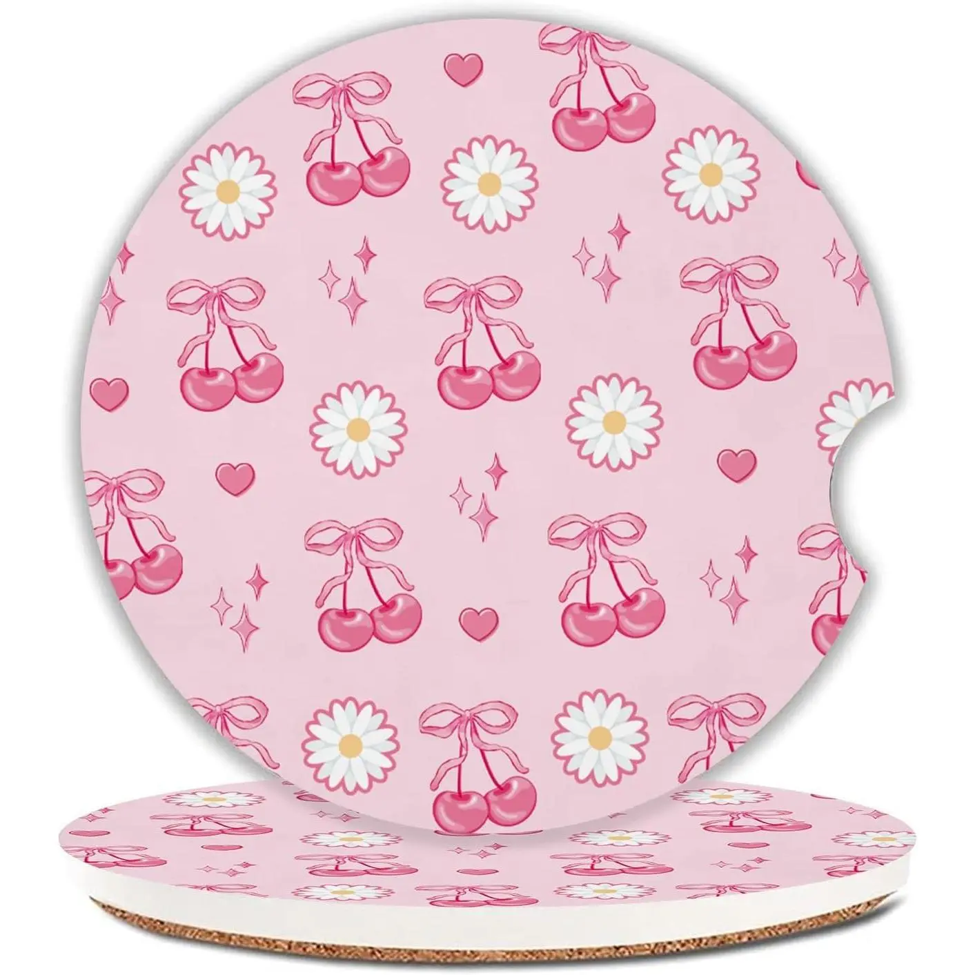 Bow Cherry  Coasters Set of 2 for Cup Holder 2.63" Daisy Absorbent Ceramic Cup Coaster Non-Slip Cork Base Drink Coasters with Finger Notch  Accessories Interior for Girls Women