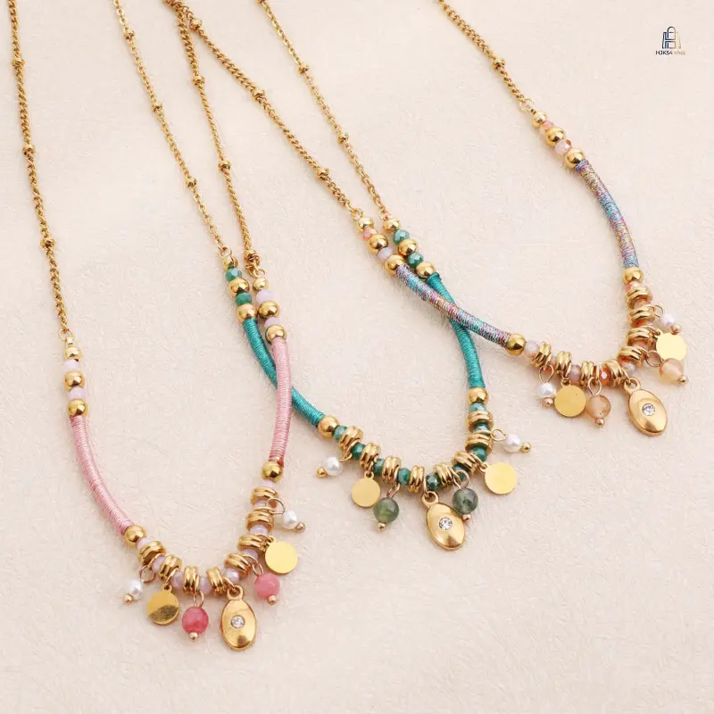 Boho Natural Stone Beaded Necklace, Vintage Hand Wire Wrap Choker Trend, Color Disc Titanium Steel Collar Chain, Light Dainty Women Daily Decor Jewelry For Gift