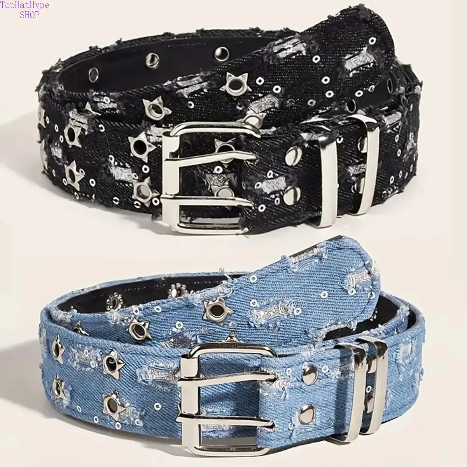 Y2K Punk Star Buckle Denim Belt, Adjustable Black Waist Belt for Men Women, Gothic Hip Hop Streetwear Accessory, Trendy Vintage Decorative Belt for Jeans Cosplay Daily Outfits
