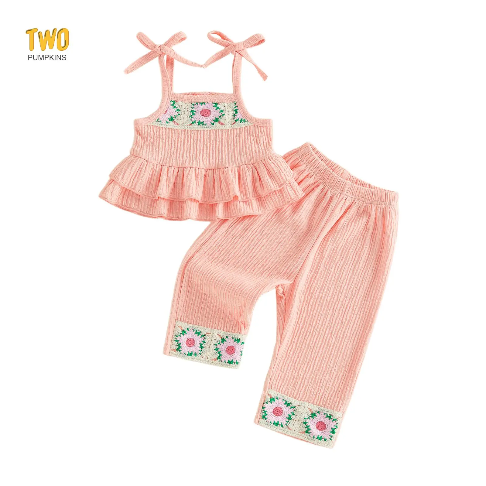 Toddler Baby Girl Crochet Outfits Flower Ruffled Hem Square Neck Spaghetti Strap Tops and Pants 2 Pcs Set 0-4 Years