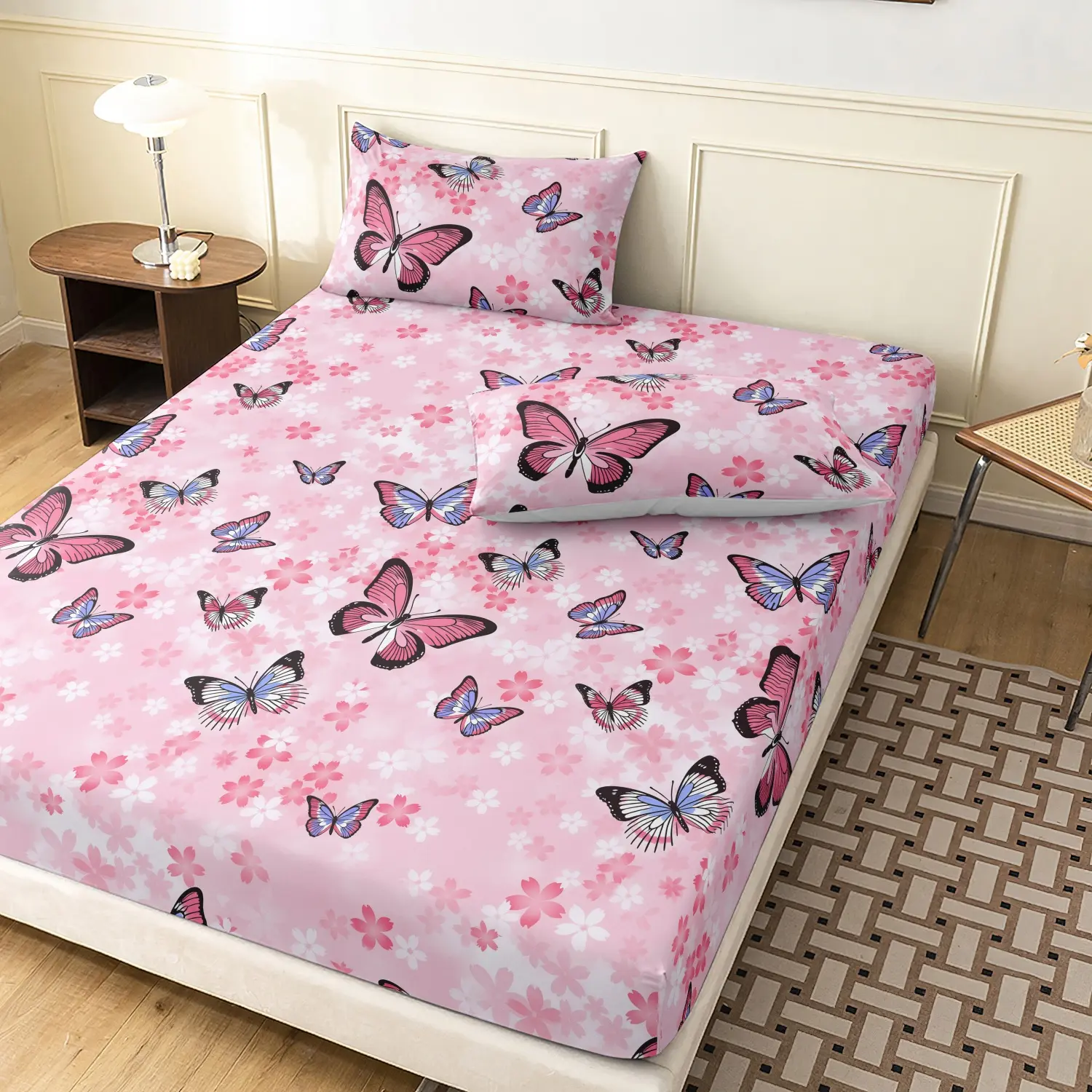3 Pieces Pink Gradient Cherry Blossom Butterfly Fitted Sheet Set, Soft Delicate Floral Insect Print Bedding, Microfiber Elegant Pastel Aesthetic Bedding Decor for Adults, Twin Full Queen King Size (1 Fitted Sheet + 2 Pillowcases, No Pillow)