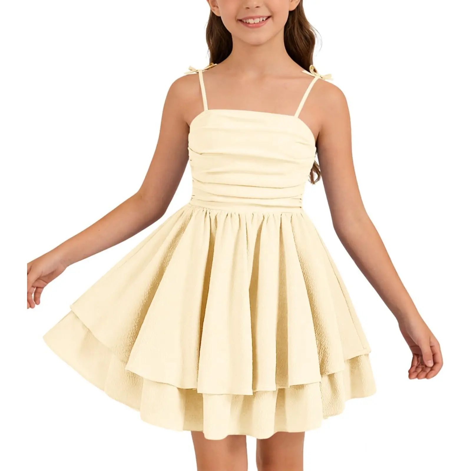 Haloumoning Girls' Summer Spaghetti Strap Midi Dress, A-Line Tiered Ruffle Dress with Ruched Smocked Back, Breathable Fabric Casual Wear Beach Sundress for 5-14Y, A-Line Fit