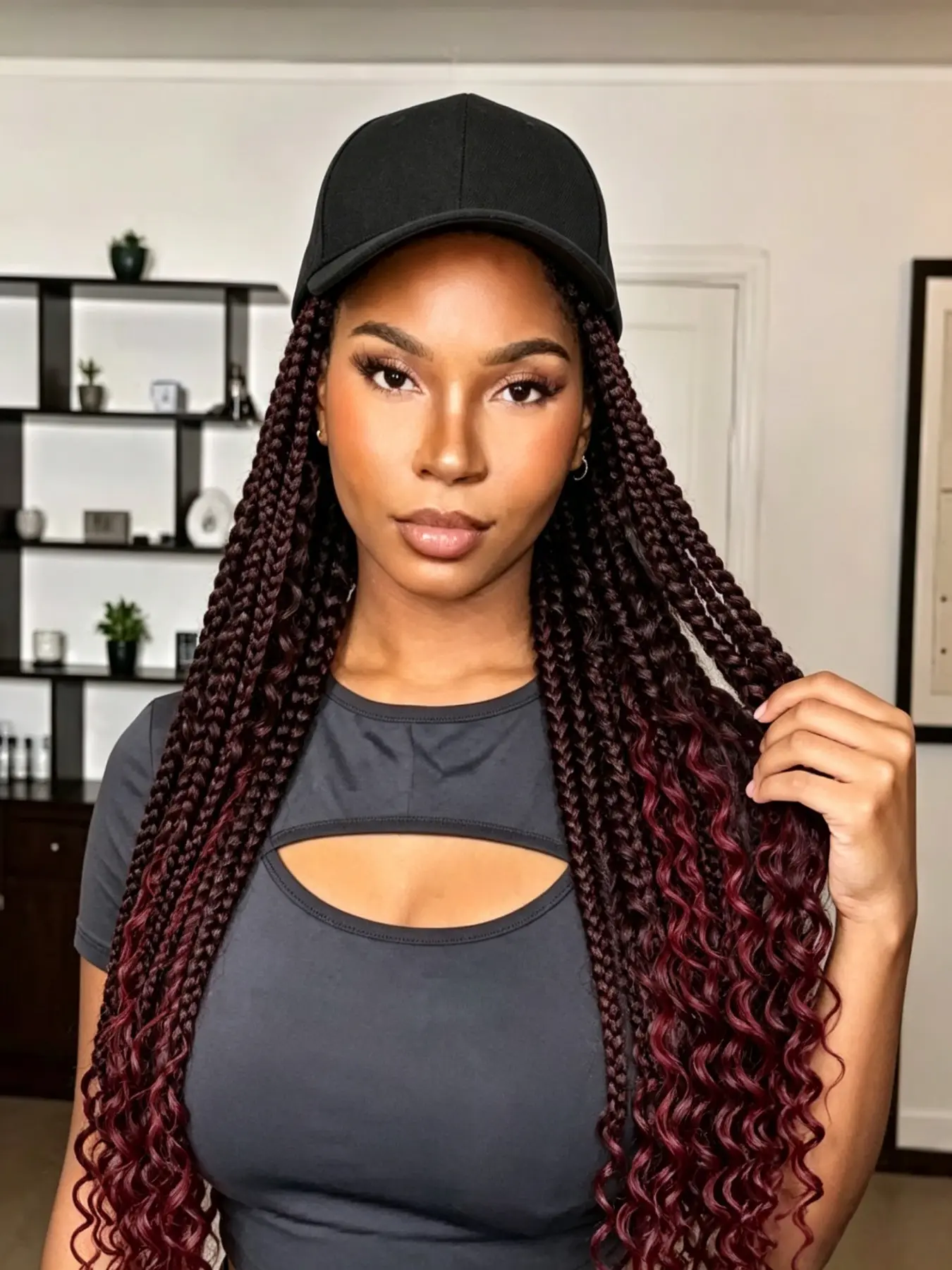 Baseball Cap Braided Wigs for Women, Long Knotless Box Braids with Curly Ends, Adjustable Baseball Hat Wigs for Daily Wear, Synthetic Braided Wig, Braided Hair Wigs