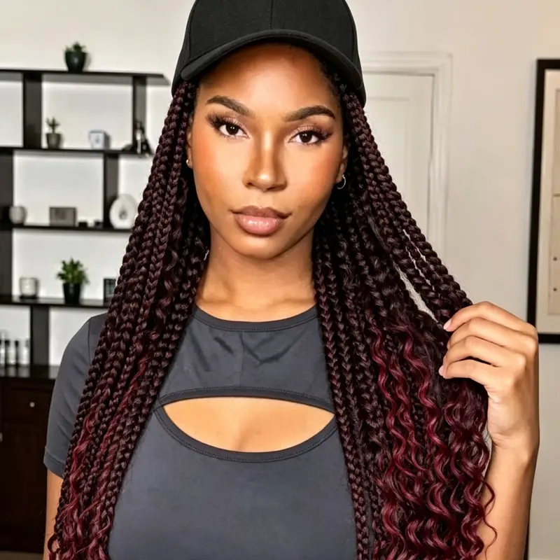 Baseball Cap Braided Wigs for Women, Long Knotless Box Braids with Curly Ends, Adjustable Baseball Hat Wigs for Daily Wear, Synthetic Braided Wig, Braided Hair Wigs, Braiding Wig