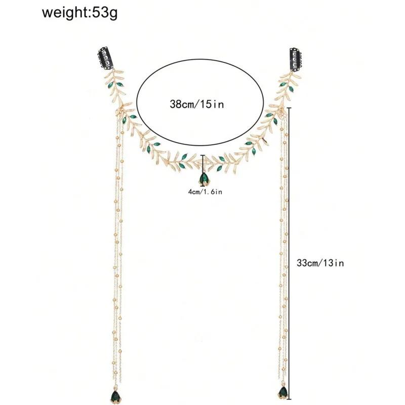 Indian Boho Bridal Headdress Fashion Golded Alloy Leaf Green Crystal Long Chain Tassel Head Chain Women's Forehead Jewelry