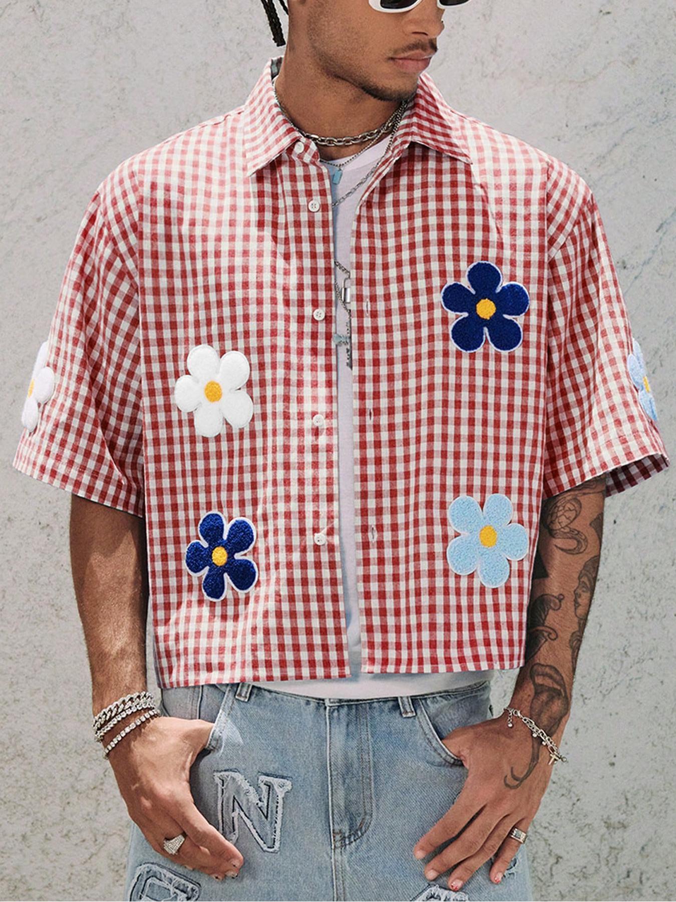 Men's Floral Embroidery Embroidered Short Sleeve Shirt, Regular Fit Casual Street Retro Gingham Plaid Graphic Button Front Top for Summer, Men's Clothes for Daily Wear, Menswear