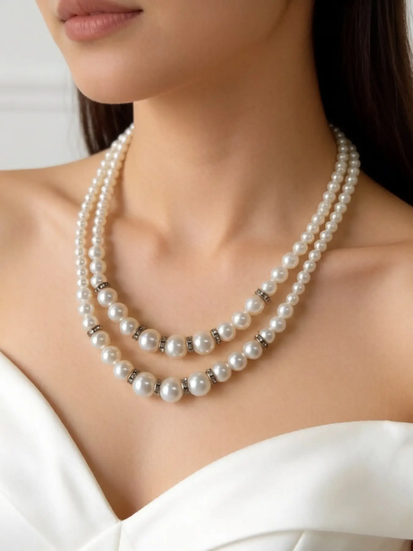 Elegant Court Style Layered Pearl Necklaces, Rhinestone Metal Spacer Design, Chic Evening Jewelry for Women, 10/6/2 Pcs Set