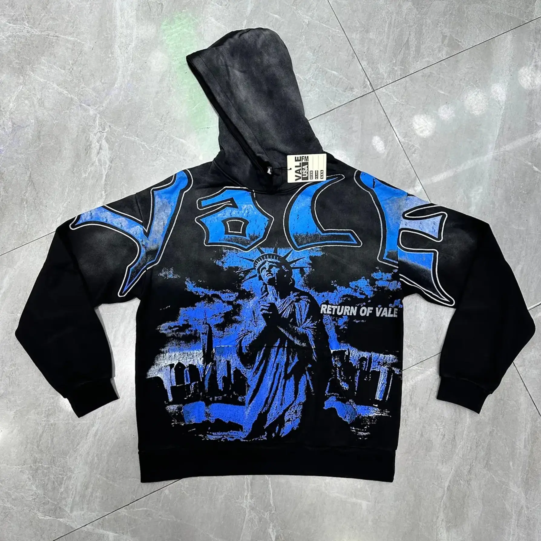 VALE Black Statue of Liberty NYC Graphic Hoodie 100% Cotton Loose Oversized Y2K East Coast Hip Hop Gothic Vintage Wash Pullover Hooded Sweatshirt Autumn Winter Streetwear Top Men Women