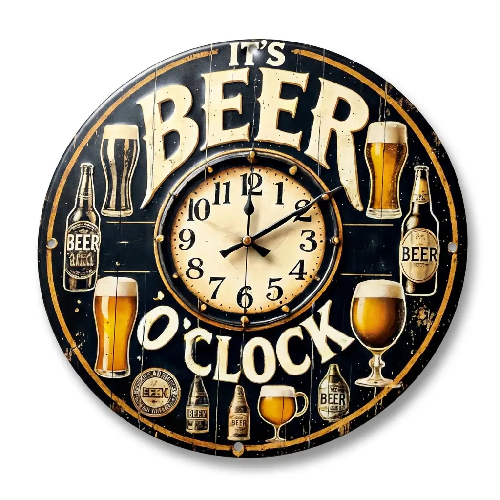 Vintage Round Aluminum Beer O'Clock Wall Sign - Pub Clock Face Artwork, Mountable Home Decor for Man Cave, Door & Outdoors Use, Ideal Gift