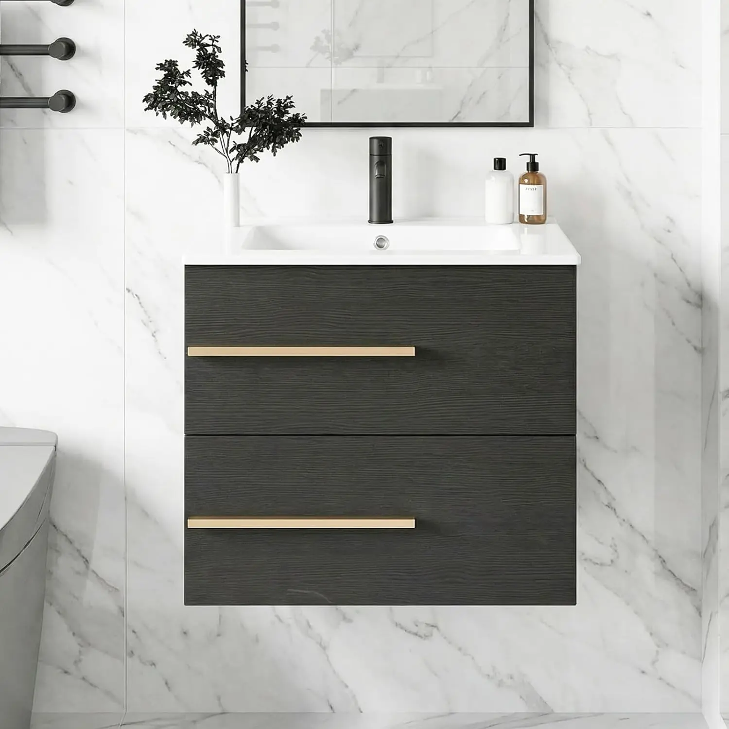 24 Inch Black Floating Bathroom Vanity with Sink, Wall Mounted Bathroom Cabinet with 2 Large Storage Drawers, Modern Floating Sink Vanity with Ceramic Top, Metal Handle(Left)