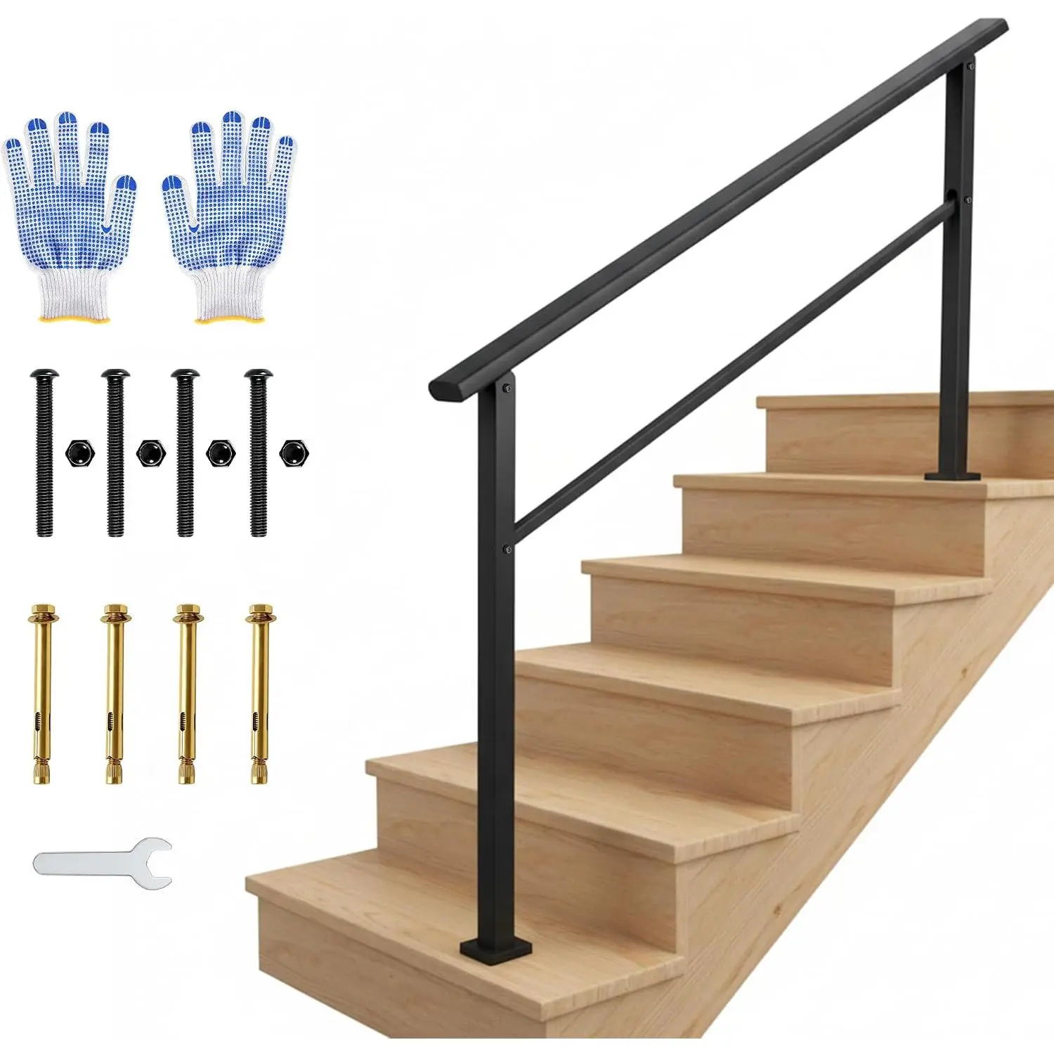 5 Step Outdoor Stair Handrail Kit, Black Aluminum & Iron Construction for Porch Steps, Easy Tool-Assembly Safety Railing, All Hardware & Gloves Included (1 Pack)