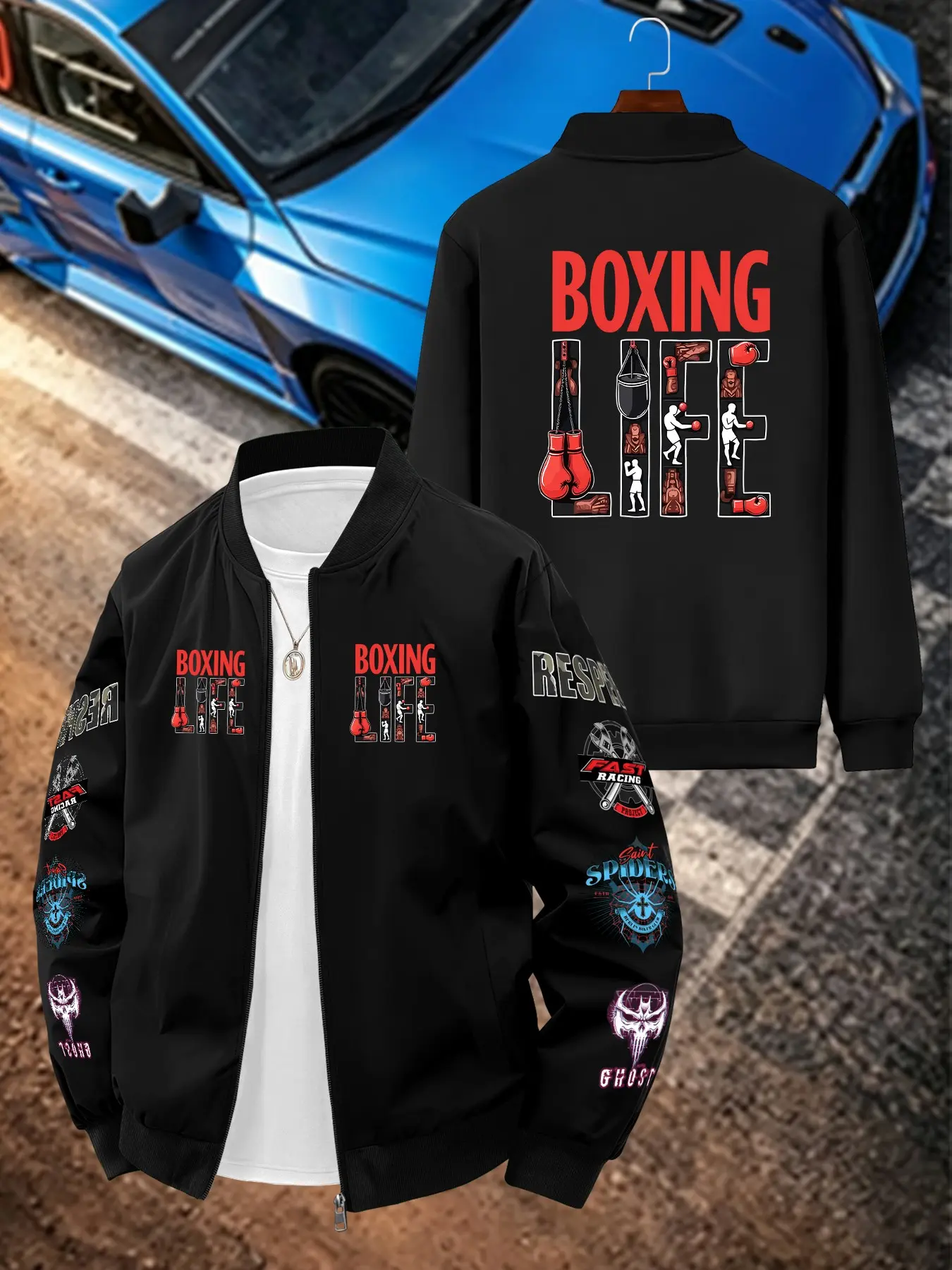 Men's Casual Boxing Glove Print Jacket, Long Sleeve Loose-Fitting Outerwear, Geometric Pattern, All Seasons, Plain Surface