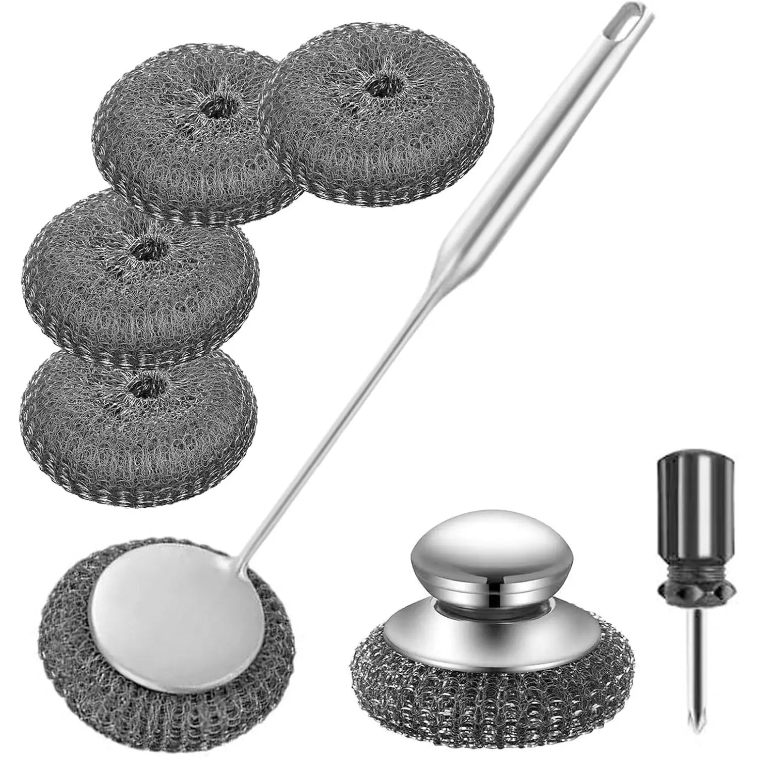 Stainless Steel  Metal Wire  Sponge Scouring Pads, , 7 count | Brush Set with Handle, For Cleaning Dishes, Pots and Pans, Kitchen Cast Iron, Stoves, Sink, Cooking Tools