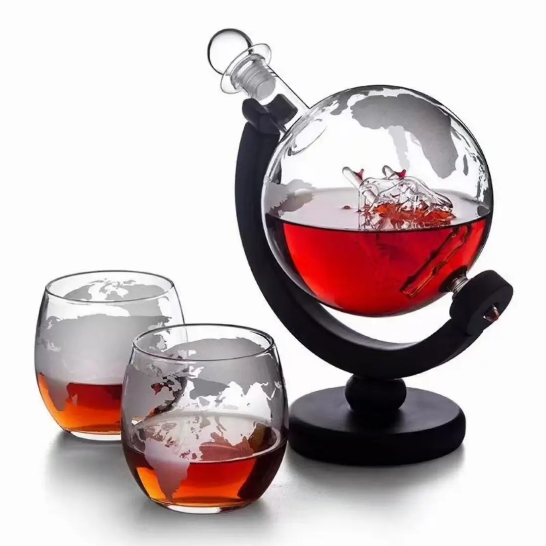 World Globe Whiskey Decanter Set with Glass Cup, Dark Wood Base, Suitable for Scotch & Bourbon, Men's Whiskey Gift, 3-Piece Set