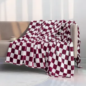 Throw Flannel Blanket with Checkerboard Grid Pattern Soft Throw Blanket for Couch, Bed, Sofa Luxurious Warm and Cozy for All (Burgundy, 60"x80")