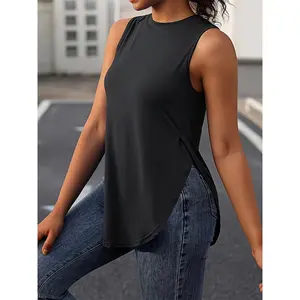 Solid Crew Neck Tank Top, Casual Sleeveless Split Top, Women's Clothing