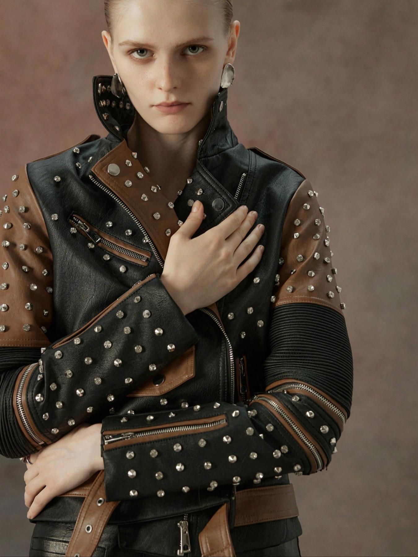 Women's Spring Autumn Jacket with Belt, Casual Vintage Simple Motorcycle Jacket, Rivet Coat with Pockets and Asymmetrical Zipper, Zip Front Jacket, Colorblock Jacket