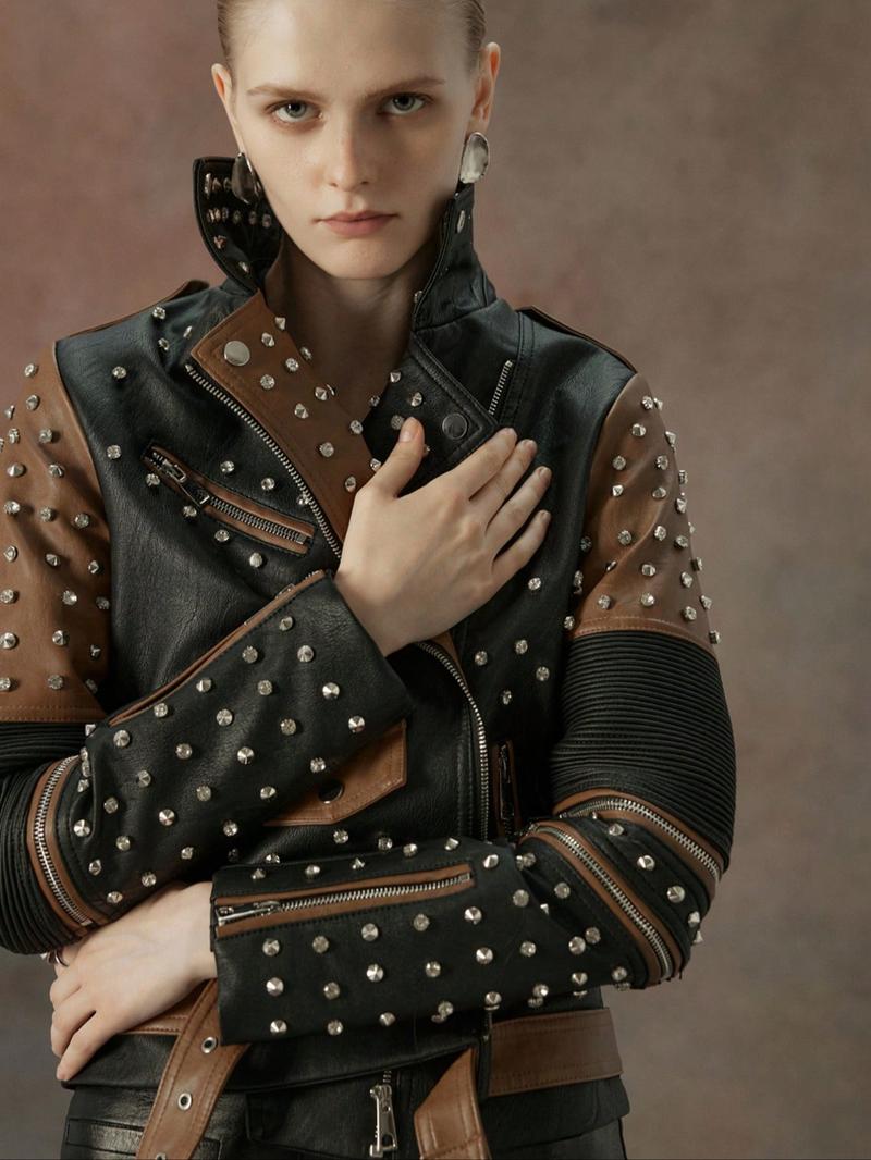 Women's Spring Autumn Jacket with Belt, Casual Vintage Simple Motorcycle Jacket, Rivet Coat with Pockets and Asymmetrical Zipper, Zip Front Jacket