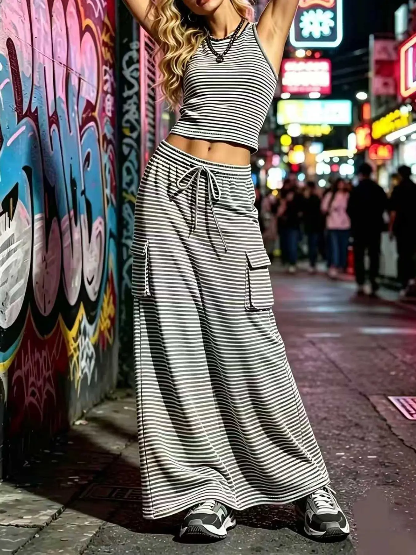 Women's Striped Two-Piece Set, Short Tank Top + Cargo Long Skirt, Drawstring Waist, Large Pockets, Y2K Style, Streetwear, Casual Fashion