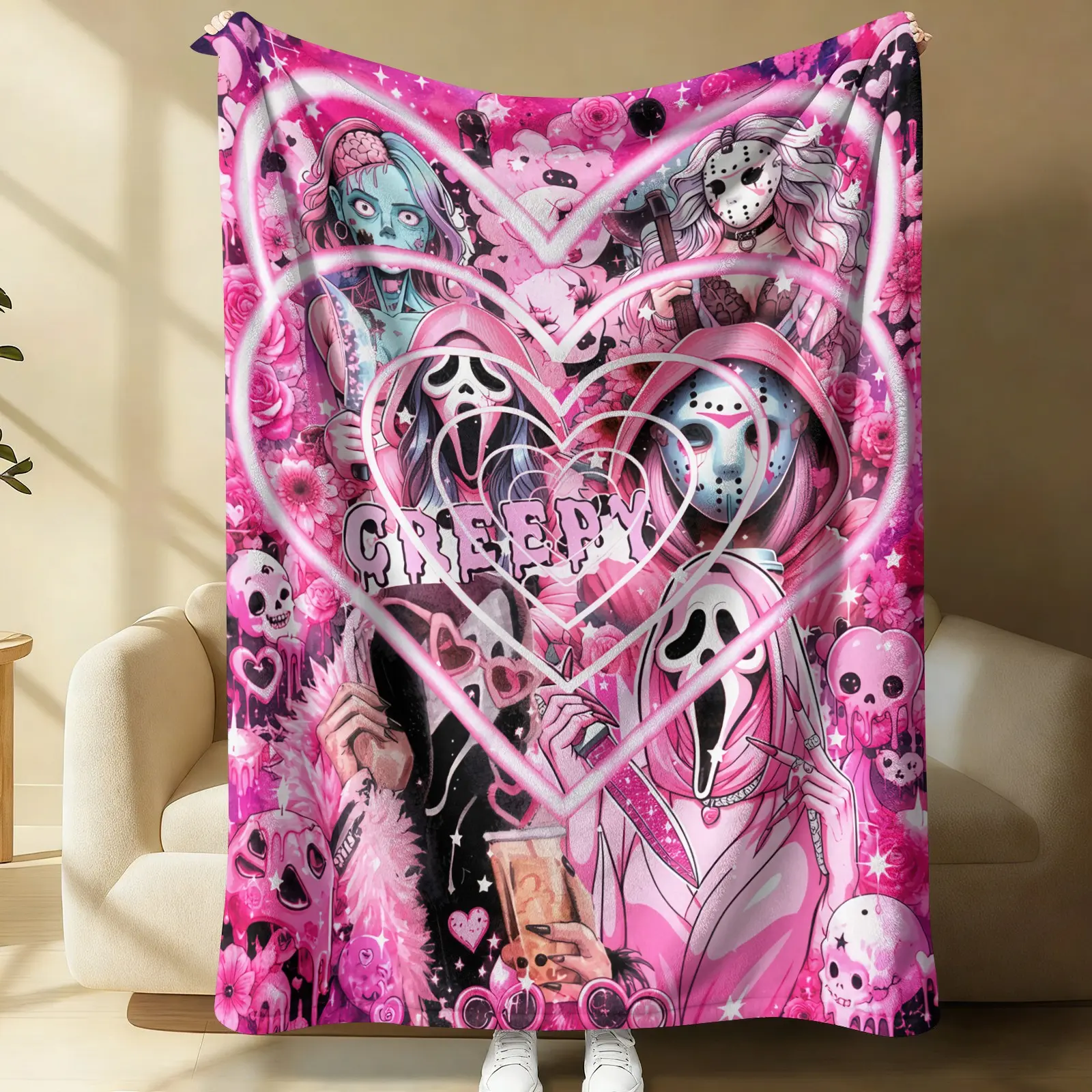 Pink Coquette Horror Ghost Face Heart Floral Fleece Blanket, Multi-Purpose All Season Sofa Couch Bed Blanket Cover For Office Nap, Camping, Travel, Dorm, Lightweight Soft Fluffy Throw, Creepy Cute Halloween Gift