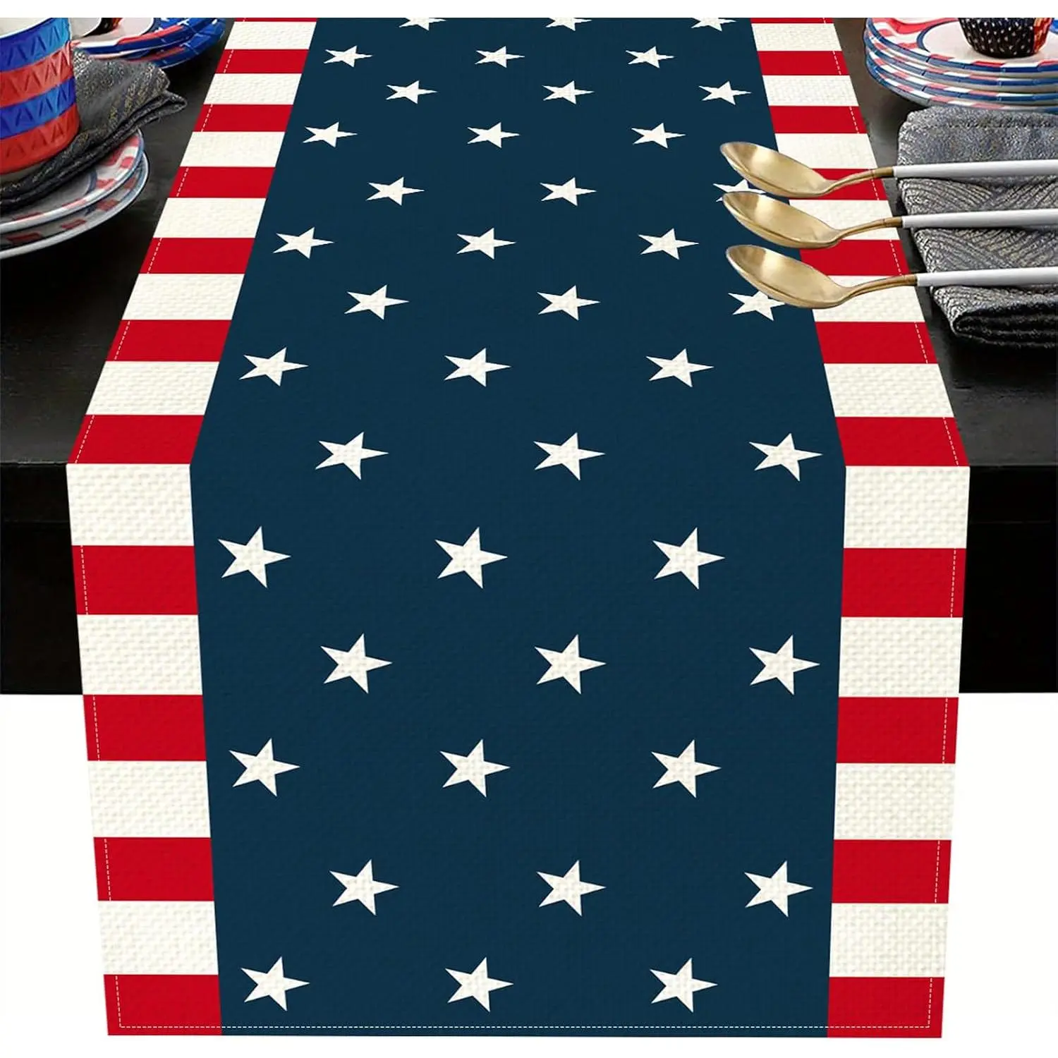 Linen Patriotic Table Runner with Star & Stripe Prints, 13x72 Inches, Red-White-Blue 4th of July USA Decor, Machine Washable Stain-Resistant Pet-Friendly Kitchen Dining Party Supply, Stripes