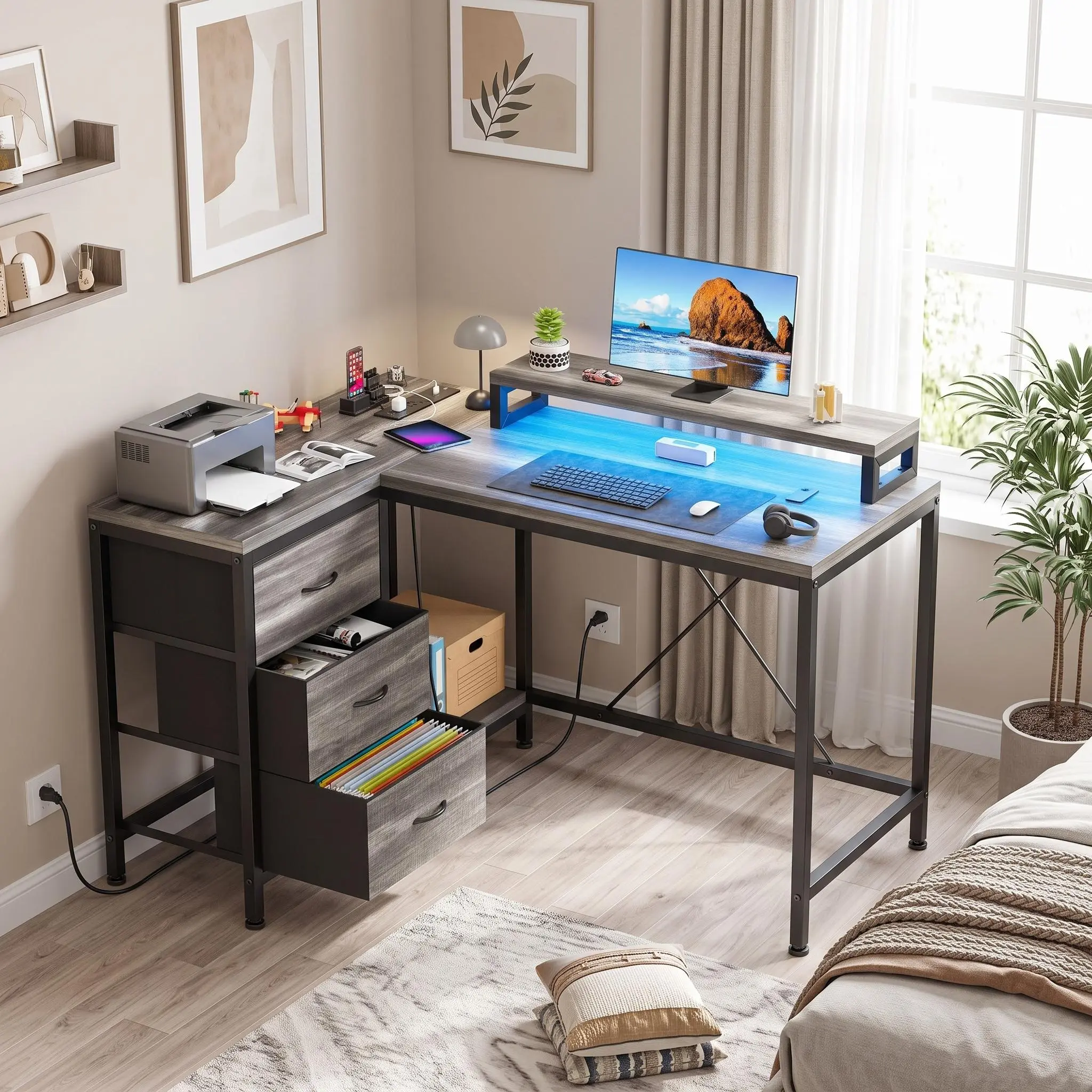 Reversible L Shaped Corner Gaming Desk with Built in Power Outlets and LED Strip Lights, Equipped with 3 Storage Drawers, Open Storage Shelves and Detachable Monitor Riser, Multifunctional Computer Workstation Desk for Home Office Gaming Room