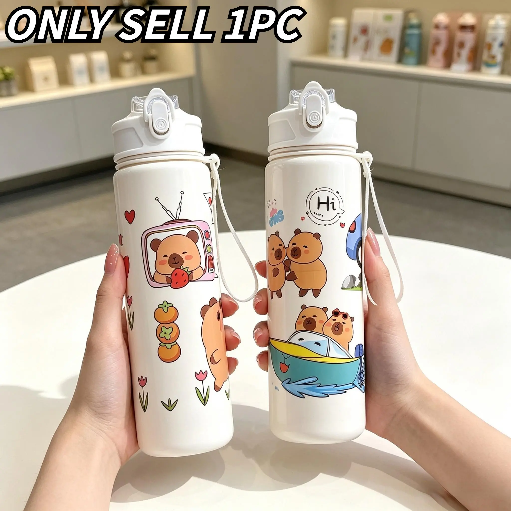 Pure Capybara Print Bounce Straw Cup 800ML, Cute Cartoon Design with Handle, Ideal for Home, Office, Travel, Gifts