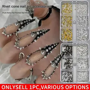 1 Boxes Punk Metal Rivet Nail Charms Cone Mixed Sized Black Silver Gold Nail Art Studs 3D Stylish Alloy Spike Nails Decora 6 Grids Nails Nail Sequins Charms DIY Nail Gems Nail Supplies