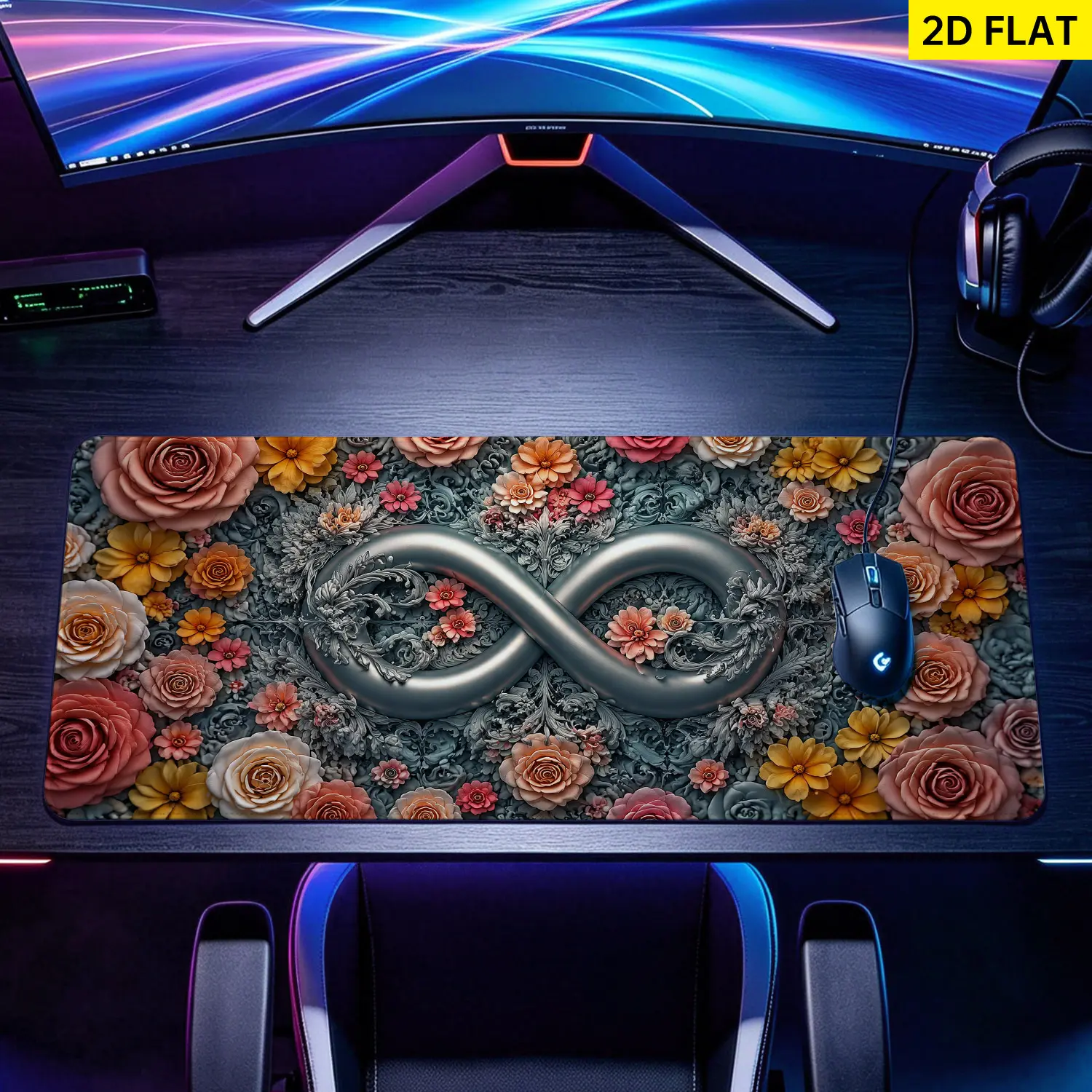 Extra Large Floral Infinity Symbol Gaming Mouse Pad for Gaming Users, Non-Slip Rubber Base, Multi-Size, Precision Control, Lock Edge, Washable Desktop Protector, Premium Multipurpose for Home & Office Gifts