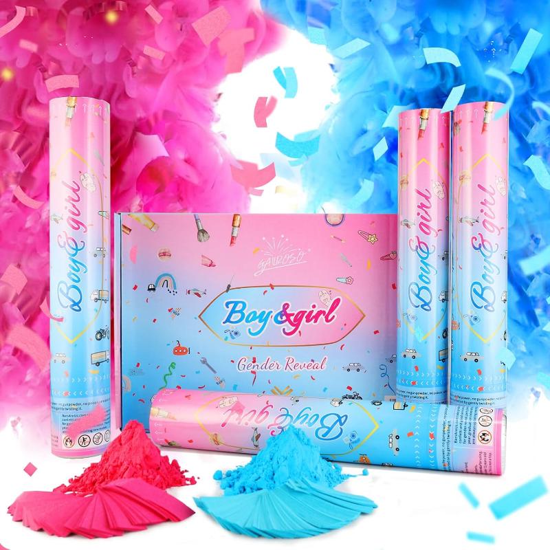 Gender Reveal Confetti Cannon,4 Pink Safty Corn Powder Smoke Party Poppers Shoots 20-25ft,12 inch Upgrade Firmware Baby Shower Gender Reveal Party Supplies