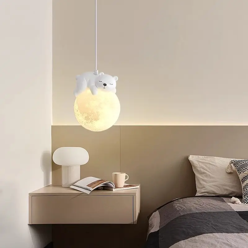 Nordic Style Cute Animal Ceramic Abs Moon Pendant Light, Glossy Finish, G9 Socket, Adjustable Indoor Lamp, Living Room, Bedroom, Office