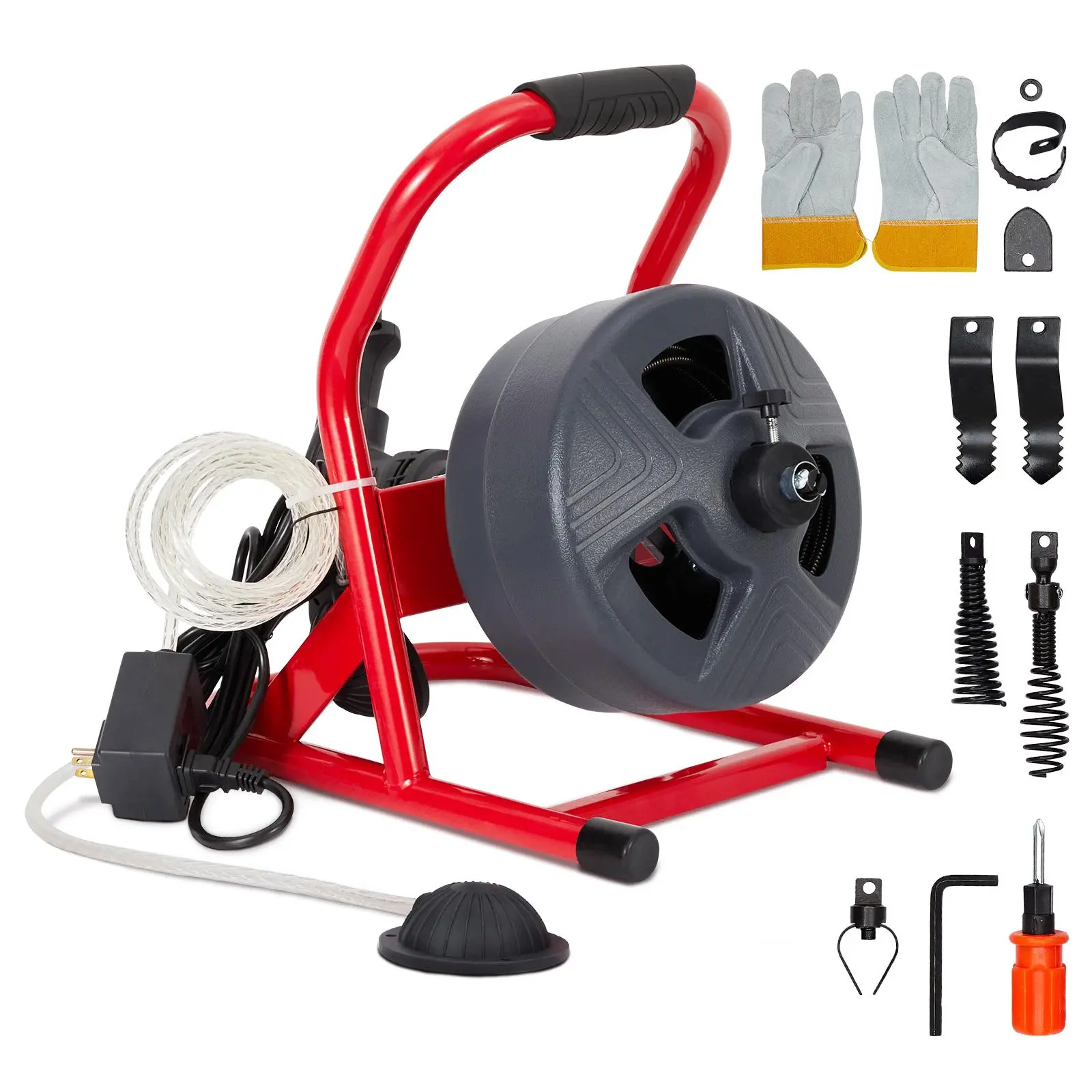 Drain Auger Machine 50 Ft X 5/16 Inch, Automatic Electric Drain Auger for 3/4 to 3 Inch Pipes, Portable Electric Drain Snake with 6 Cutters & Foot Switch and Pair of Gloves