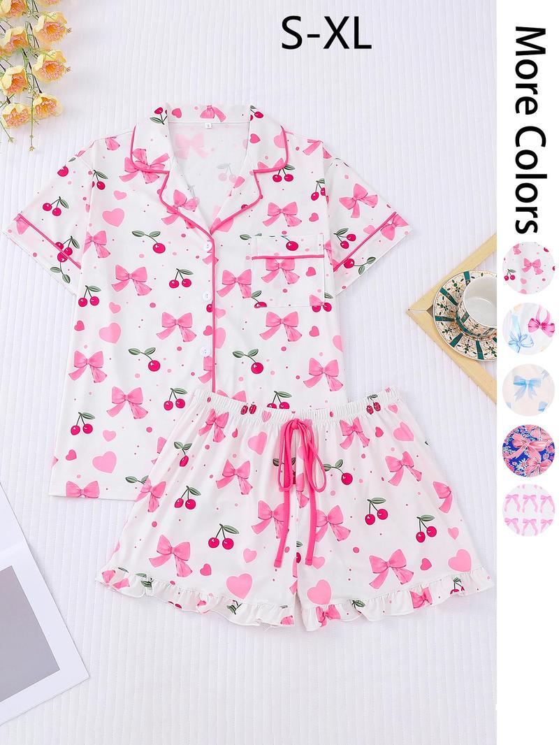 Women's All Over Print Pajama Set, Casual Comfy Short Sleeve Lapel Neckline Pocket Shirt & Shorts PJ Set, Ladies Summer Sleepwear, Sleepwear Pajamas Set