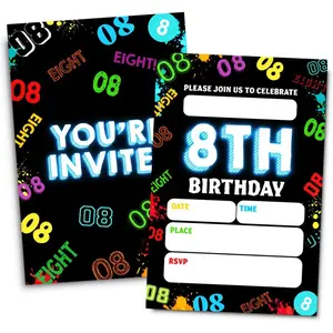 Neon 8th Birthday Party Invitation Cards for Boys Girls, 30 Cards & 30 Envelopes