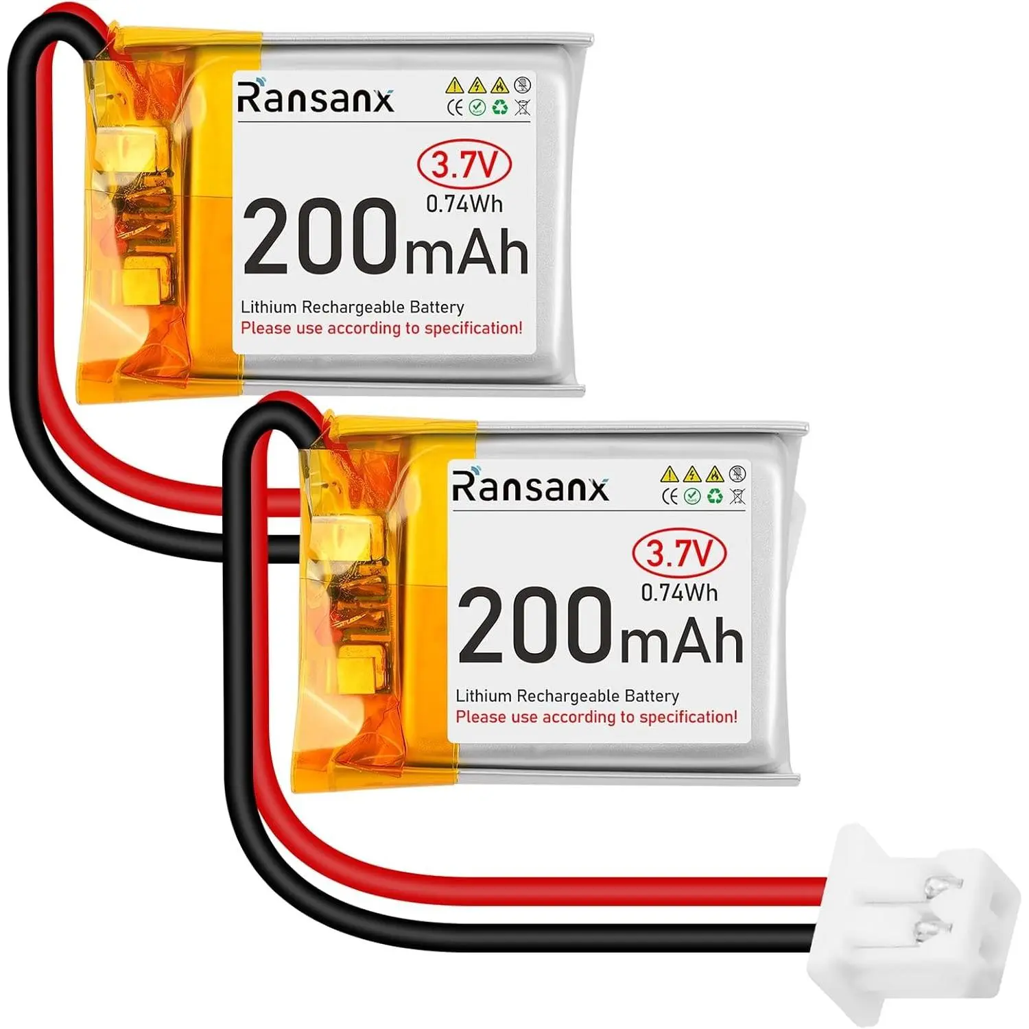 Compact 3.7V 200mAh 502025 Rechargeable Lipo Battery with Micro JST 2.0 Connector, Integrated PCB, Protection IC for Electronic Devices (2 Pcs)