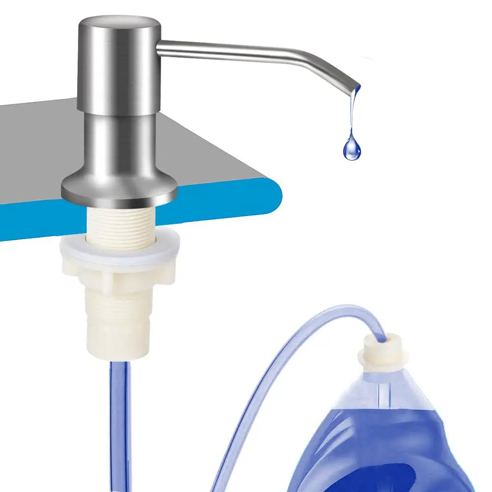 Brushed Nickel Countertop Multi-Function Pump Bottle Soap Dispenser - Stainless Steel Hand Pump, 39 No-Spill Extension Tube Kit, Silicone Seals, Smooth Wood-Complementing Design for Kitchen/Shower, Less Refills (Smooth Bottle, Containers Included), Multi-