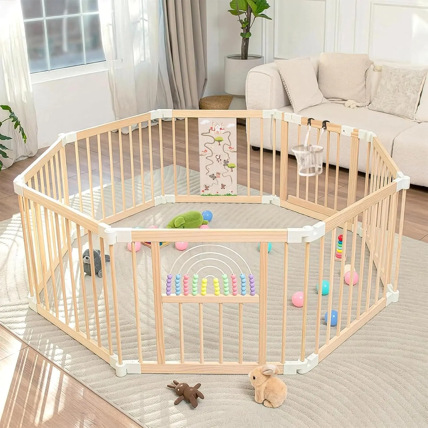 Wooden Baby Playpen with Montessori Toys, 8 Foldable Panels Large Size 56"x56" Wood Play Yard for Toddlers, Safety Lock, CPC Certified Natural Pine Wood Activity Center