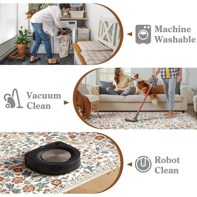 Moynesa Floral Washable Faux Cashmere Rugs, 8x10 Area Faux Cashmere Rug for Living Room, Soft Large Boho Bedroom Faux Cashmere Rugs, Flower Non Slip Ultra Thin Botanical Carpet for Dining Room Nursery Office, Beige